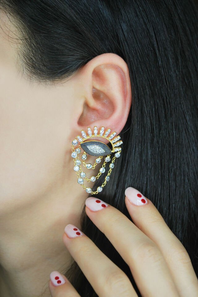 Kalem İşlemeli Sallantılı Göz Gümüş Küpe