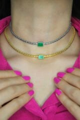 Baget Taşlı Boğumlu Zincir Gümüş Choker