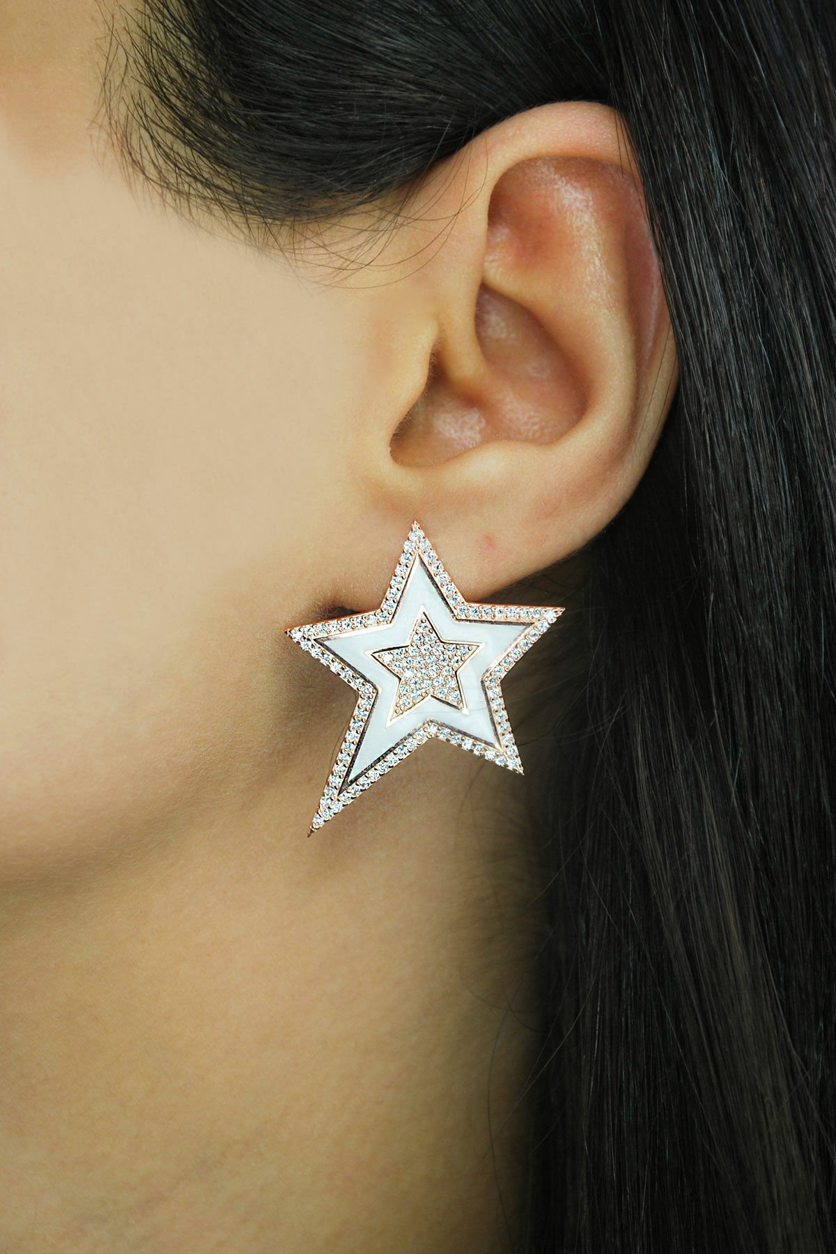 Taşlı Mineli Yıldız Gümüş Küpe