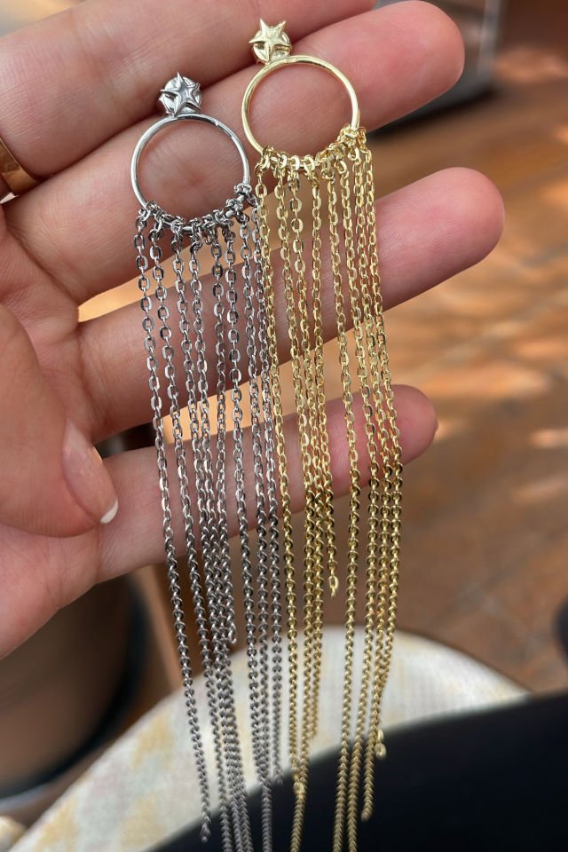 Yıldız Çivili Sarkıt Zincir Gümüş Küpe