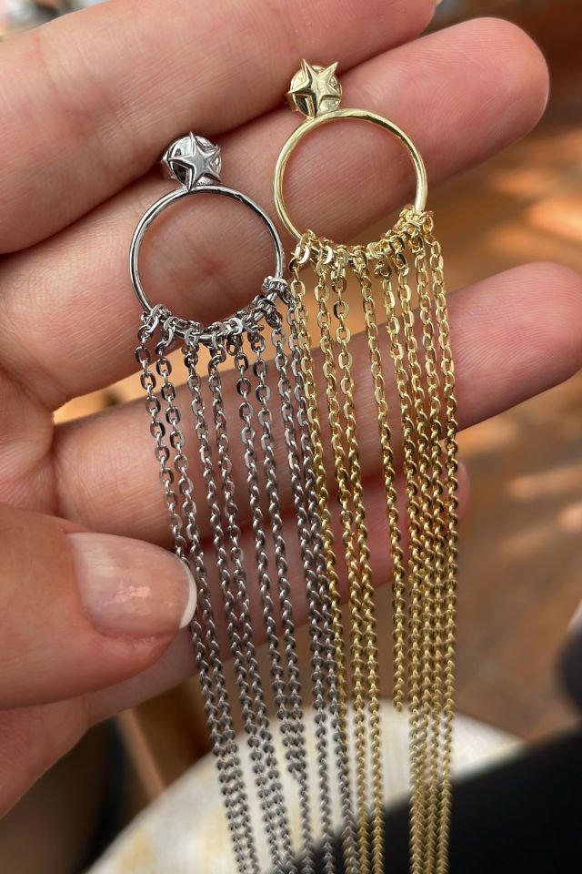 Yıldız Çivili Sarkıt Zincir Gümüş Küpe