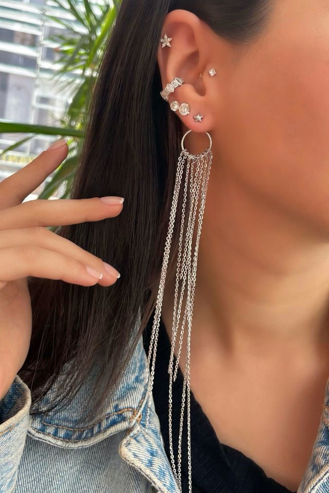 Yıldız Çivili Sarkıt Zincir Gümüş Küpe