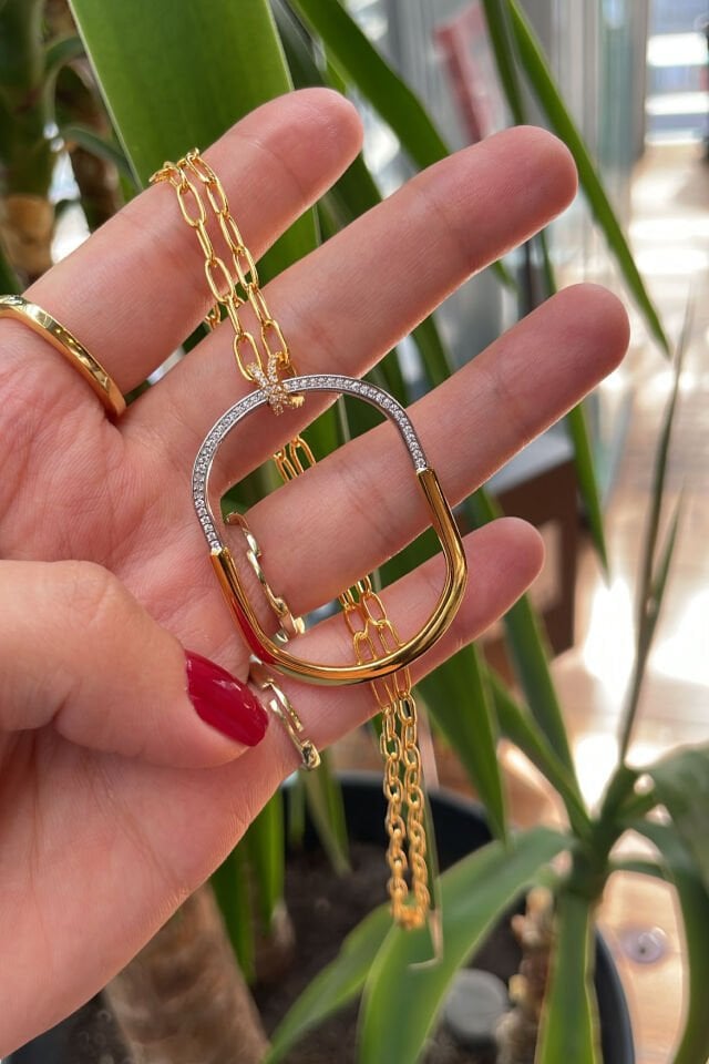 İthal Çift Renkli Oval Gümüş Kolye