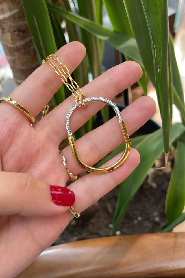 İthal Çift Renkli Oval Gümüş Kolye