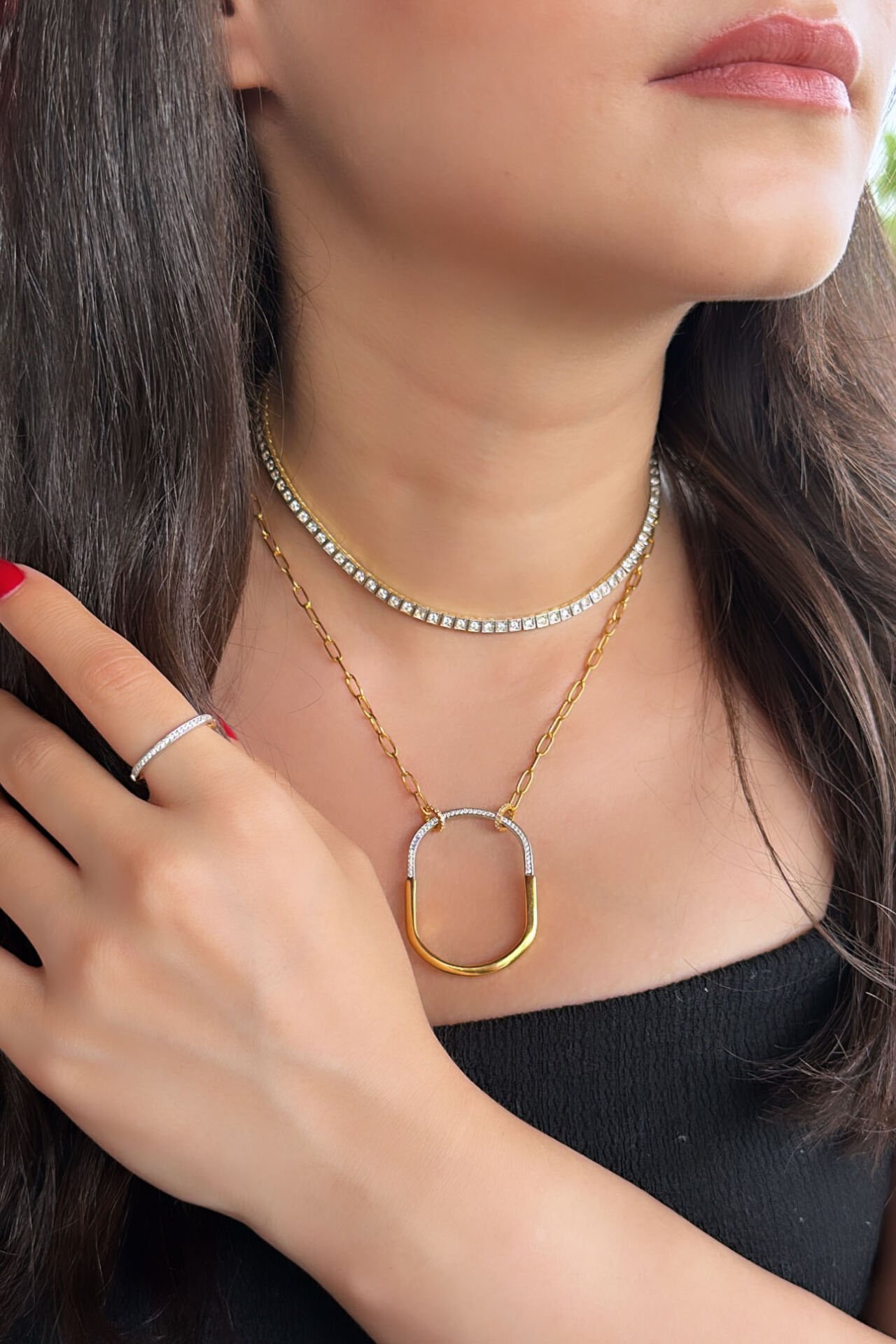 İthal Çift Renkli Oval Gümüş Kolye