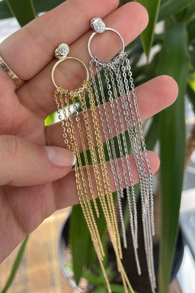 Yuvarlak Taş Çivili Sarkıt Zincir Gümüş Küpe