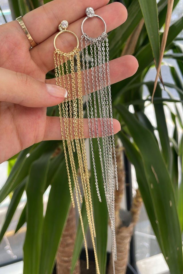 Yuvarlak Taş Çivili Sarkıt Zincir Gümüş Küpe