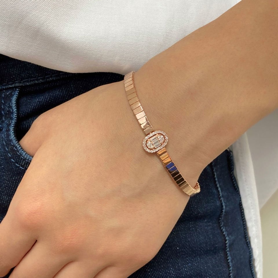 Oval Zirkon Taşlı Gümüş Kemer Bileklik