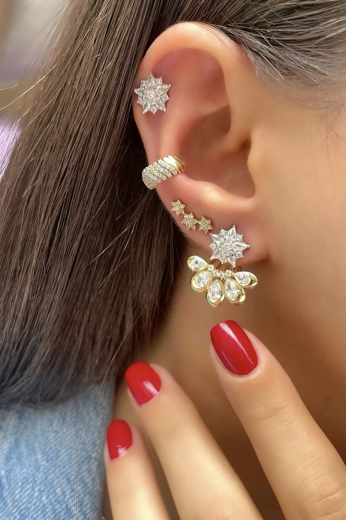 Çift Renk Beşli Damla Tasarım Gümüş Küpe