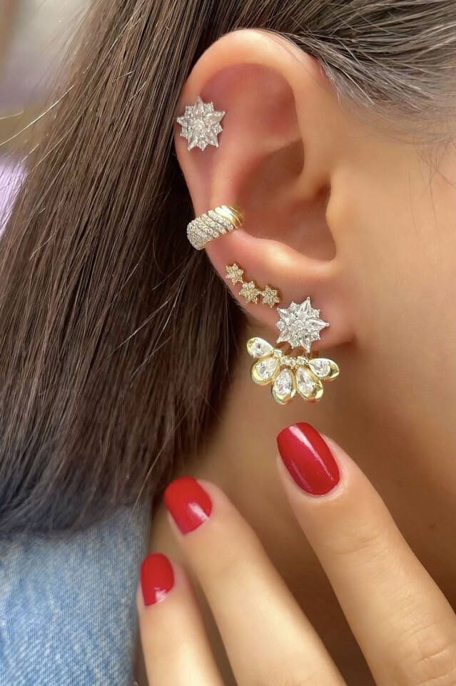 Çift Renk Beşli Damla Tasarım Gümüş Küpe