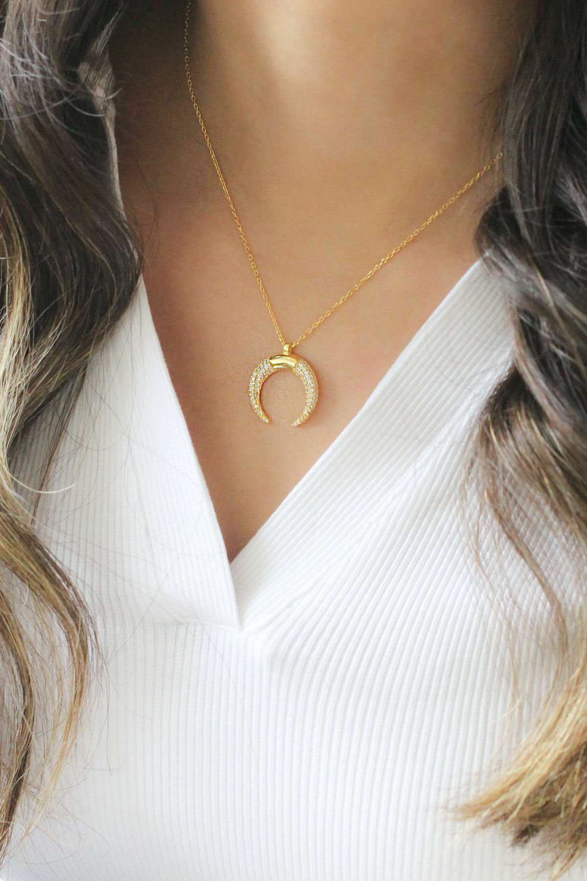 Taşlı Ay Gümüş Kolye