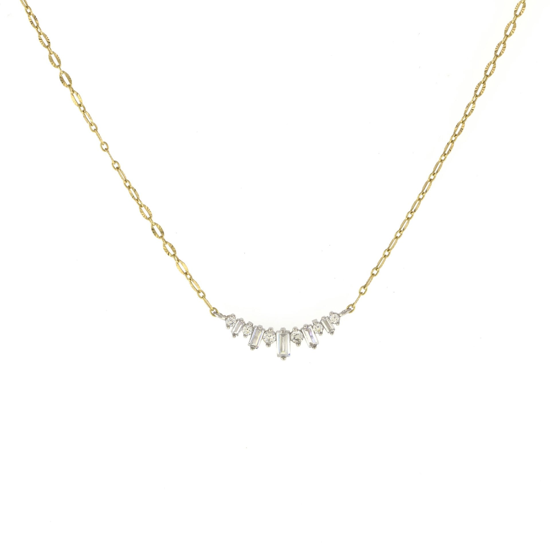 Yuvarlak ve Baget Taşlı Çift Renkli Gümüş Kolye