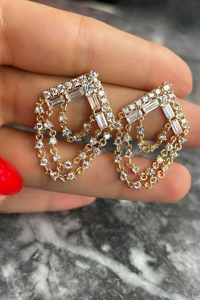 Tasarım Zincirli Taşlı Gümüş Küpe