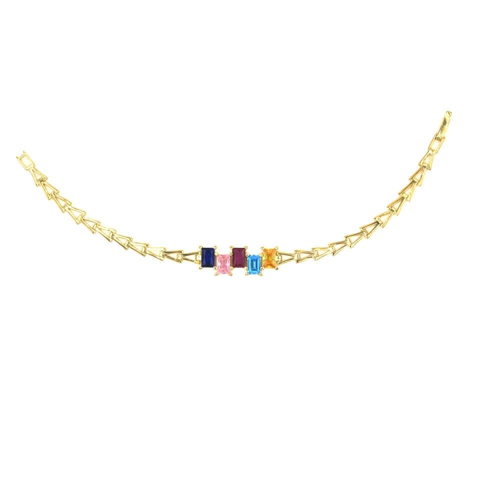 Renkli Baget Taşlı V Zincir Gümüş Bileklik