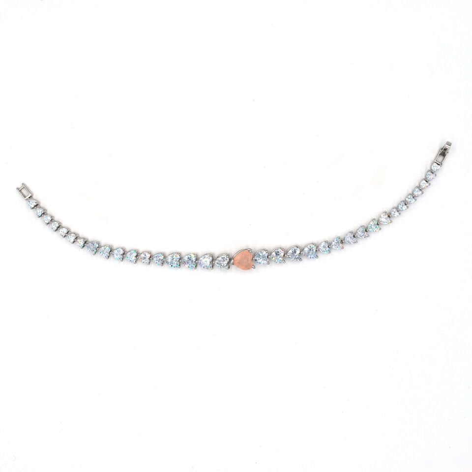 Şeker Pembesi Kalpli Su Yolu Gümüş Bileklik