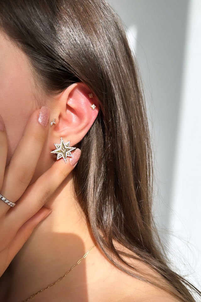 Yıldız Taşlı Tasarım Gümüş Küpe