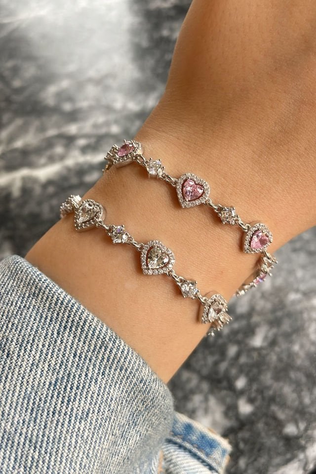 Kalp Pembe Taşlı Gümüş Bileklik