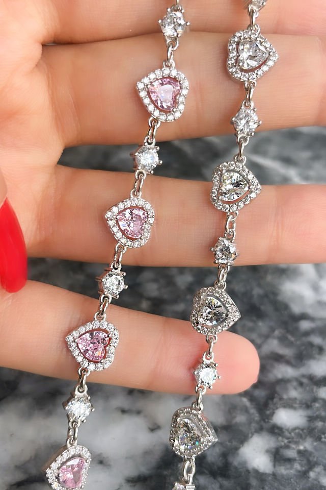 Kalp Pembe Taşlı Gümüş Bileklik