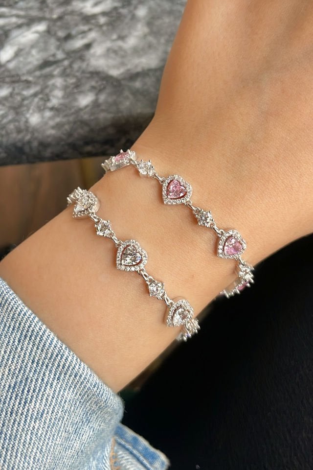 Kalp Pembe Taşlı Gümüş Bileklik