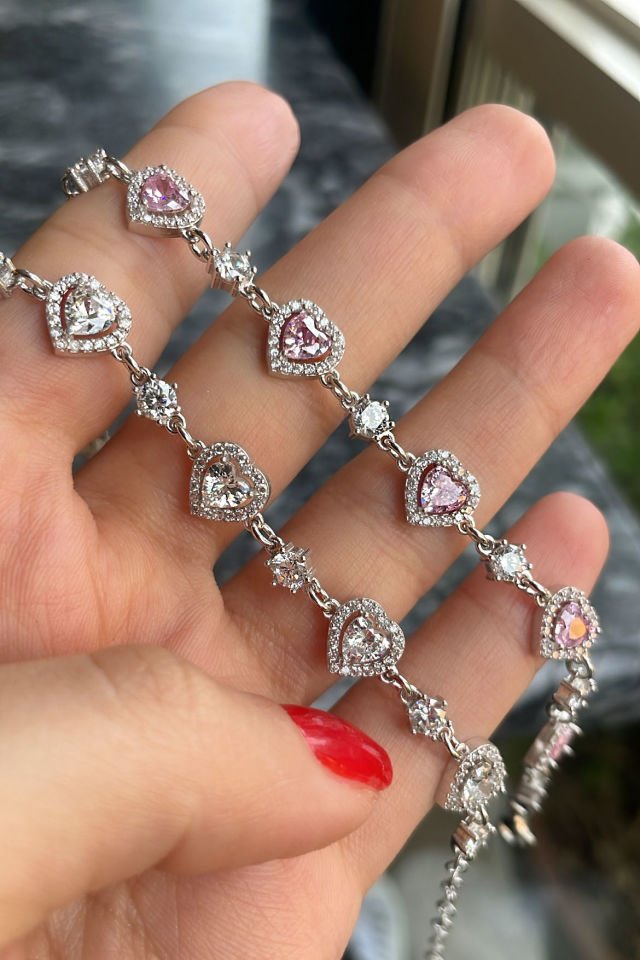 Kalp Pembe Taşlı Gümüş Bileklik