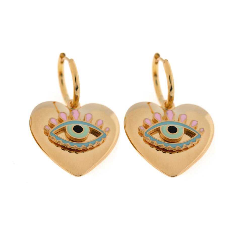 Renkli Büyük Kalp Mineli Nazar Gümüş Küpe