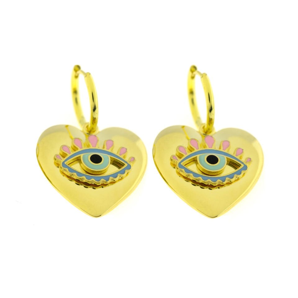 Renkli Büyük Kalp Mineli Nazar Gümüş Küpe