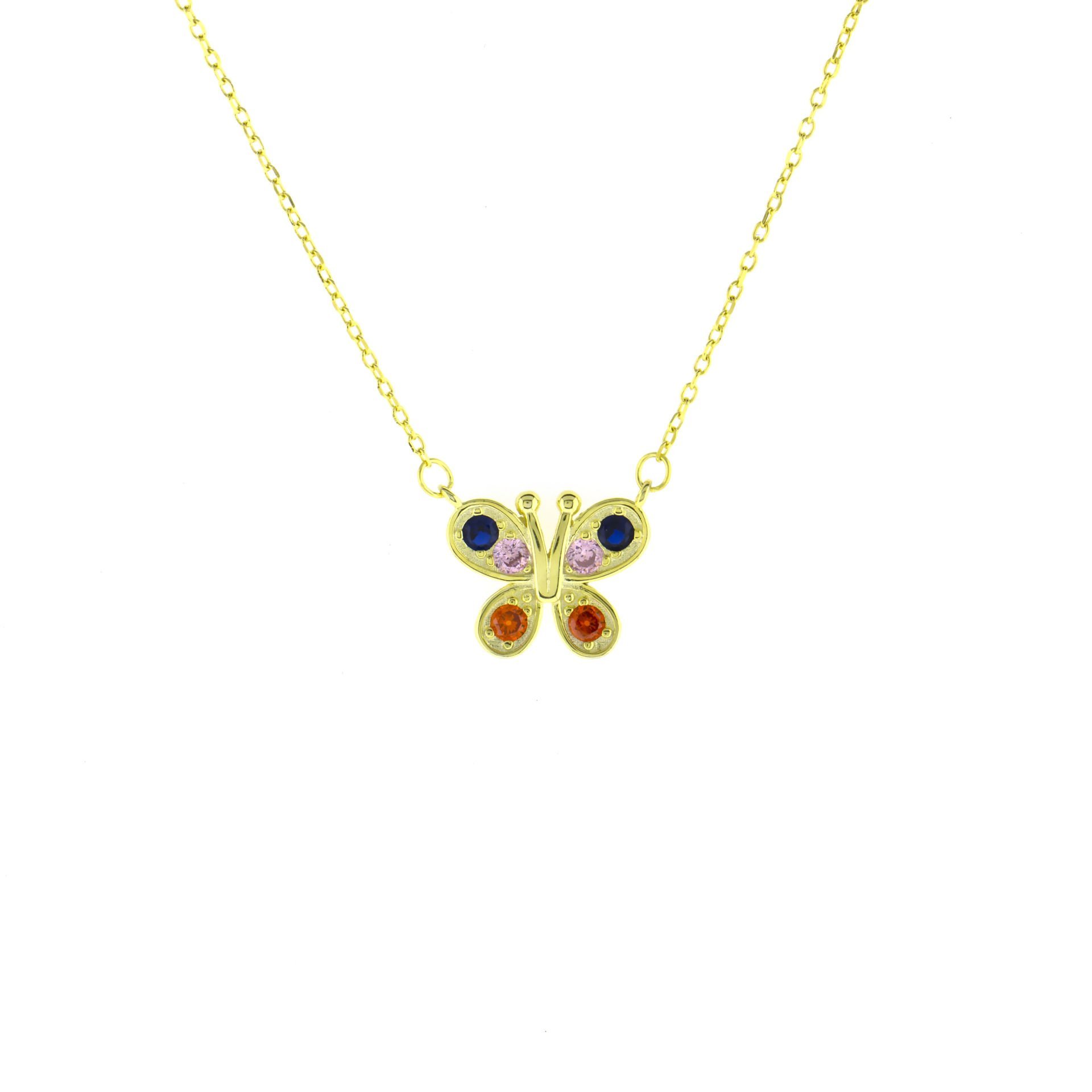 Renkli Taşlı Kelebek Gümüş Kolye