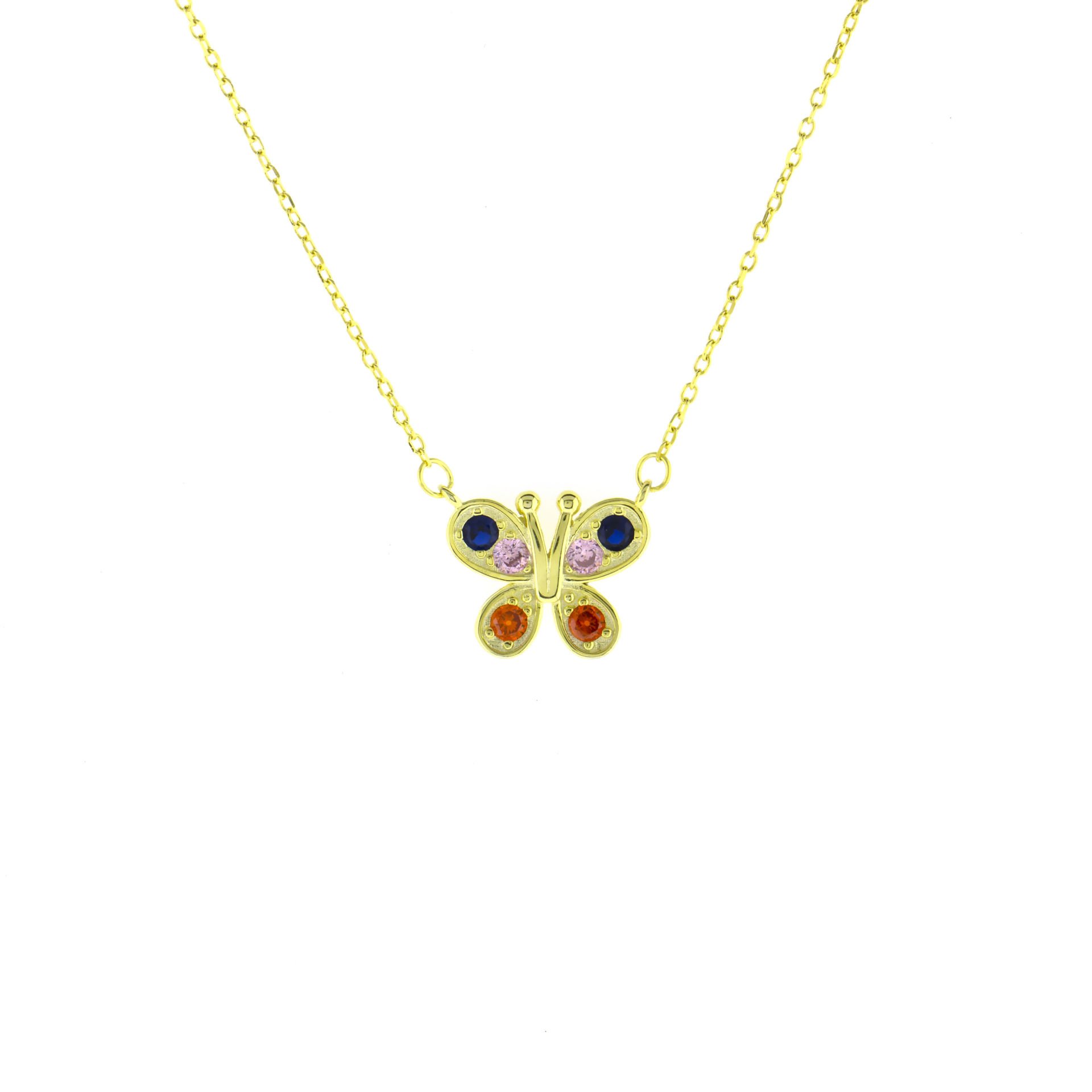 Renkli Taşlı Kelebek Gümüş Kolye
