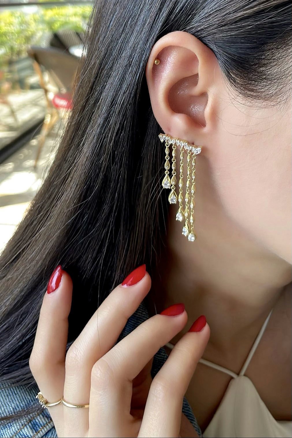 Damla Taşlı Beşli Sallantılı Gümüş Küpe