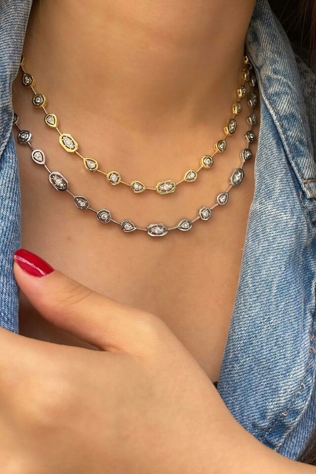 Yuvarlak Taşlı Oktagon Kesim Gümüş Kolye