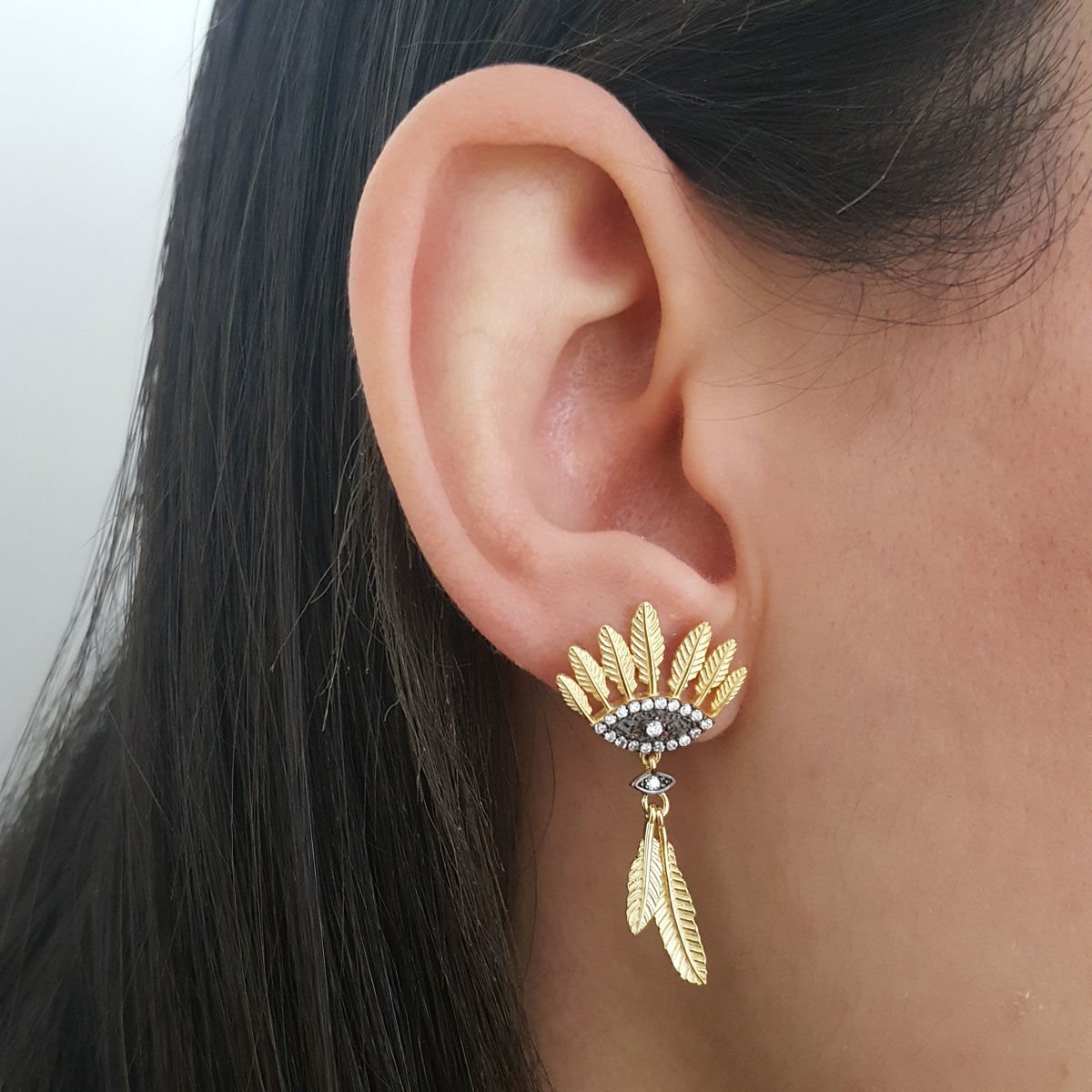 Tüylü Nazar Göz Gümüş Küpe