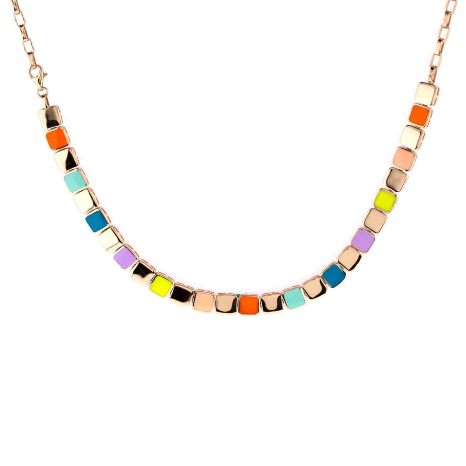 Renkli Mineli Kare Kesim Gümüş Kolye