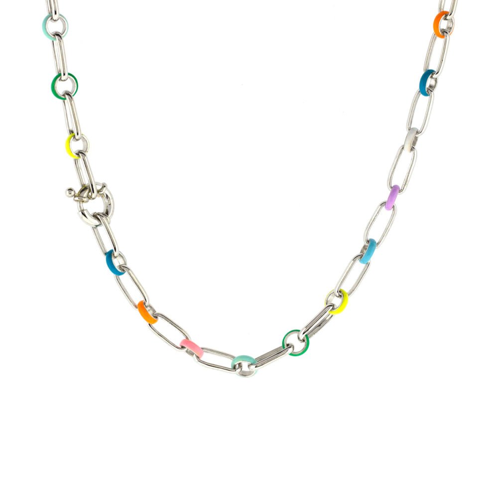 Renkli Mineli Yuvarlak Kesim Gümüş Kolye