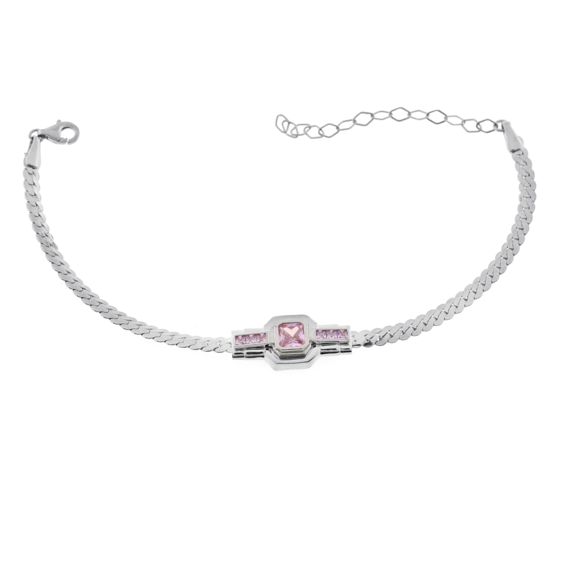 Pembe Taşlı Yılan Zincir Şans Gümüş Bileklik