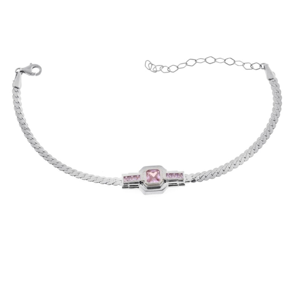 Pembe Taşlı Yılan Zincir Şans Gümüş Bileklik