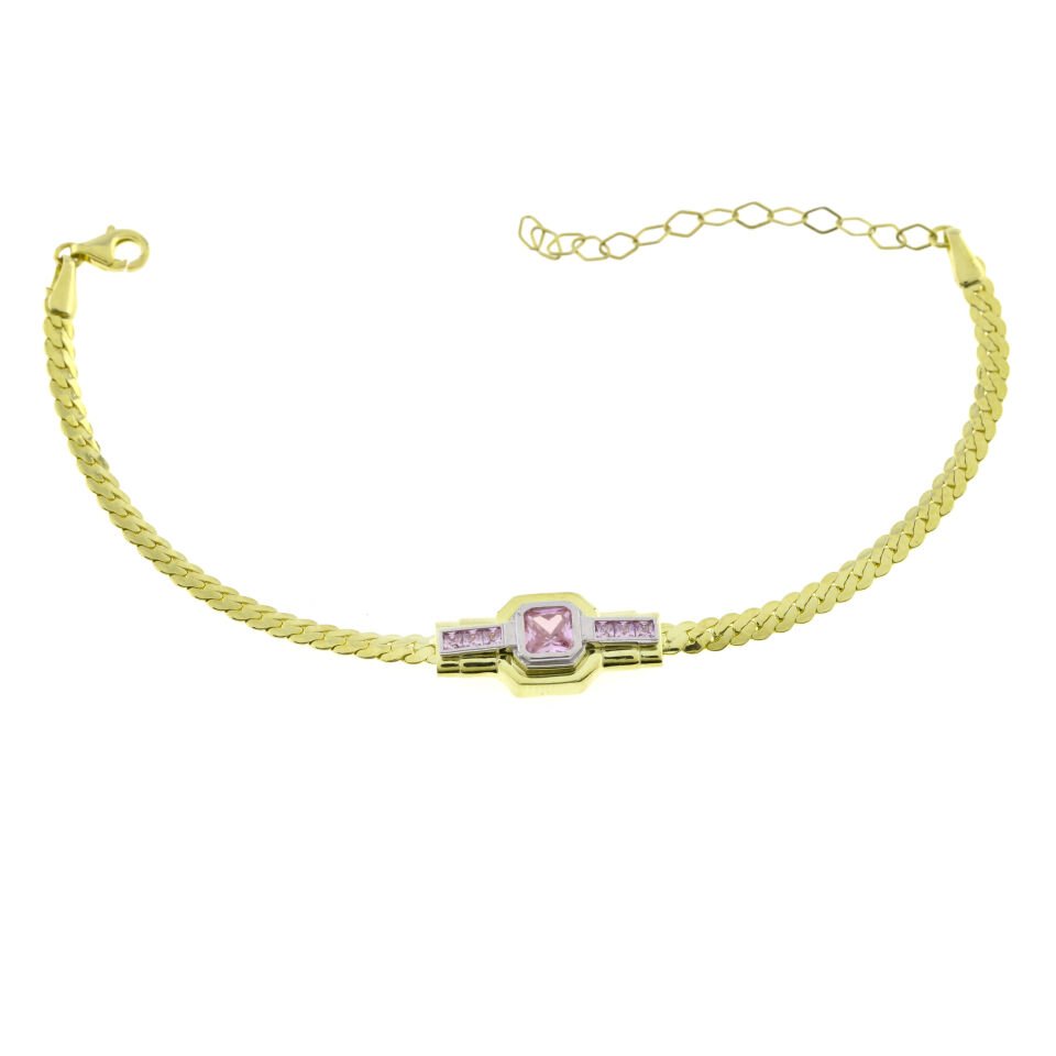 Pembe Taşlı Yılan Zincir Şans Gümüş Bileklik