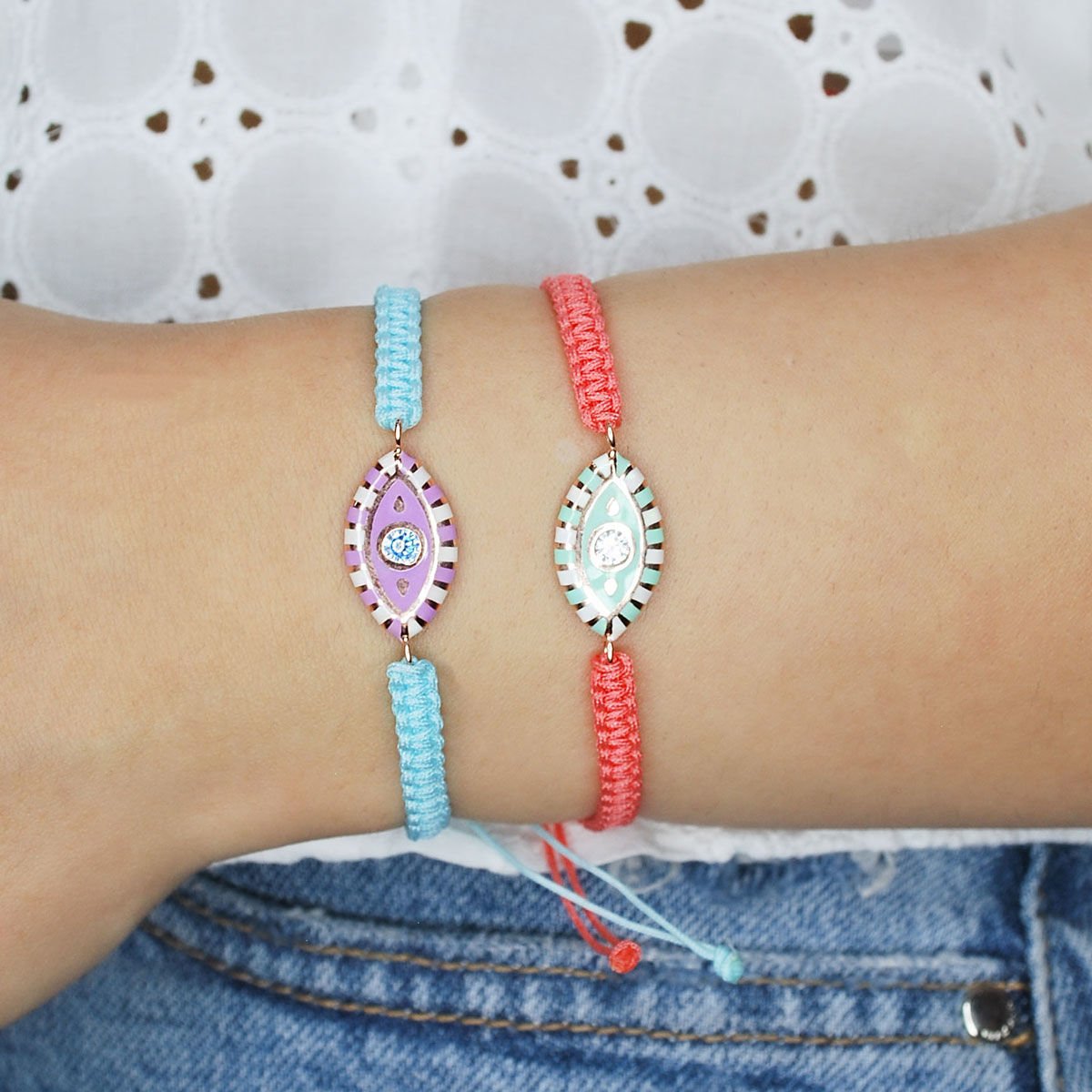 Makrome Örgülü Mineli Nazar Göz Gümüş Bileklik