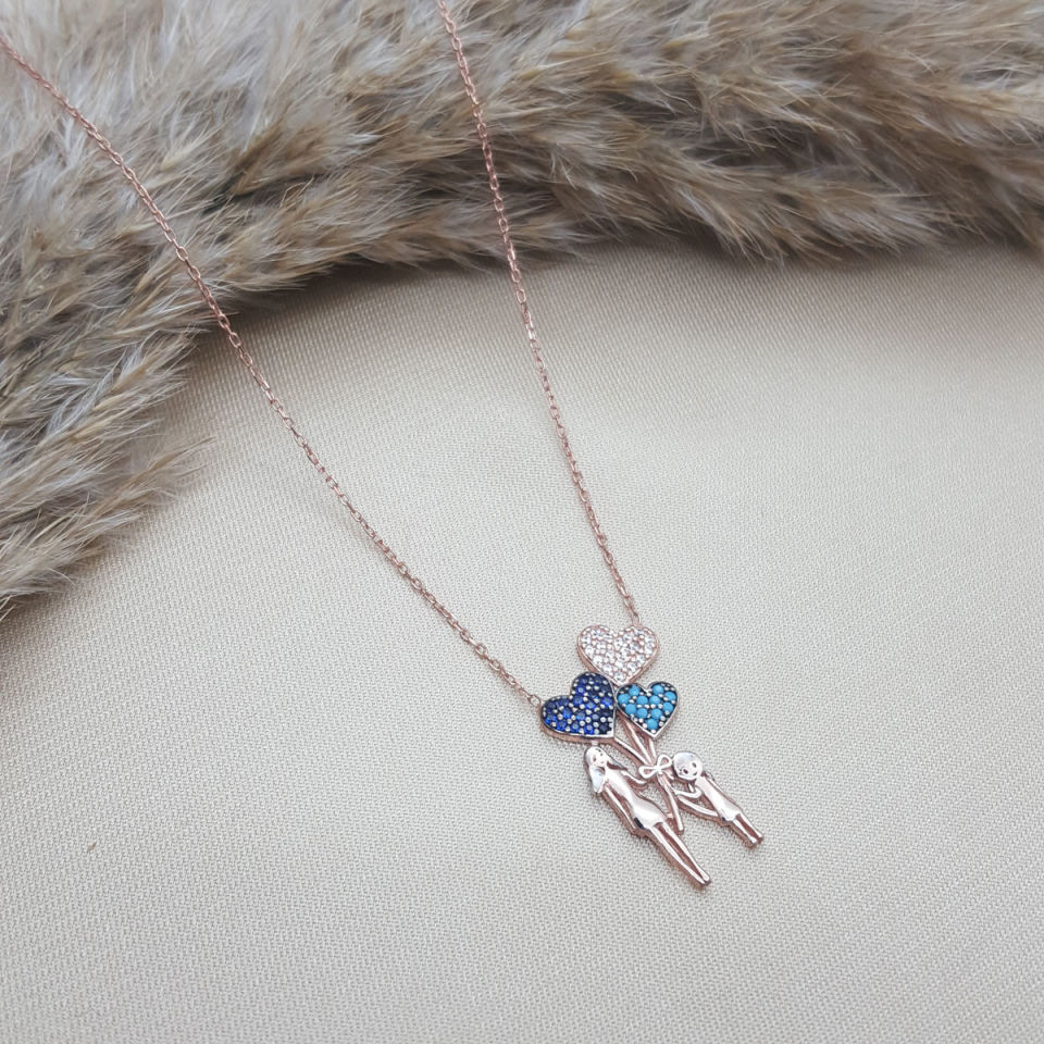 Üçlü Kalp Anne Kız Gümüş Kolye