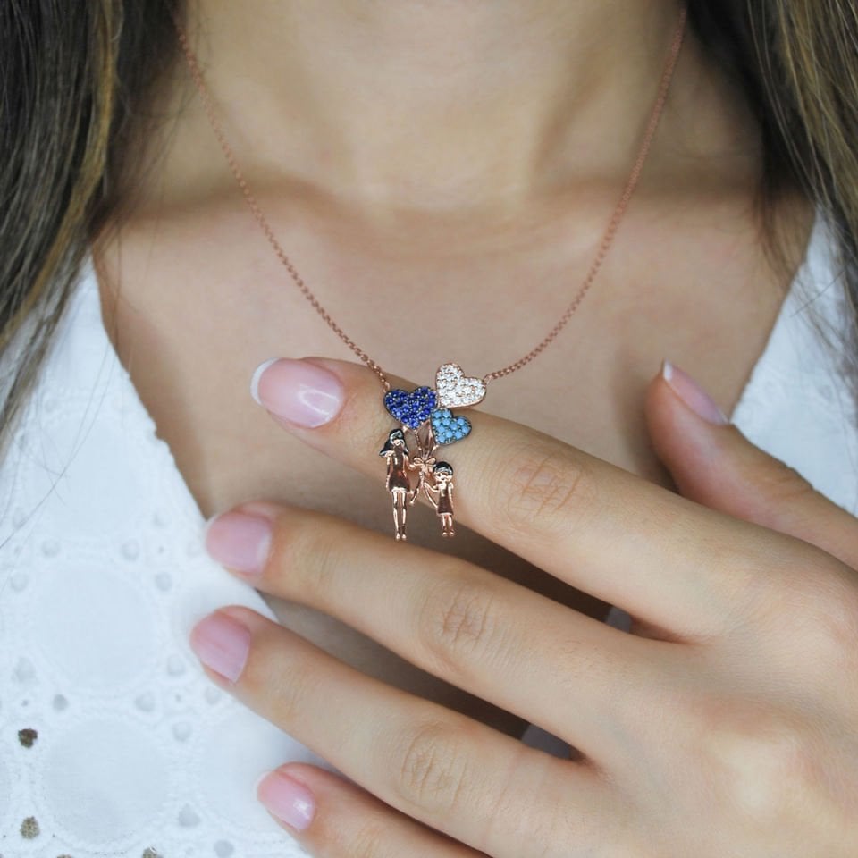 Üçlü Kalp Anne Kız Gümüş Kolye