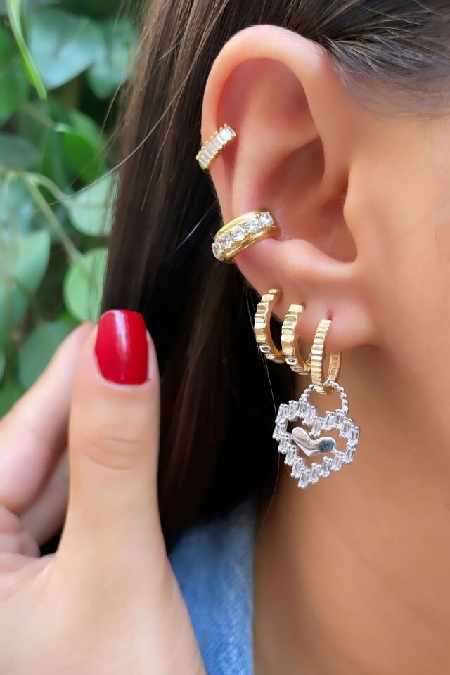 Çift Renkli Kalpli Gümüş Küpe