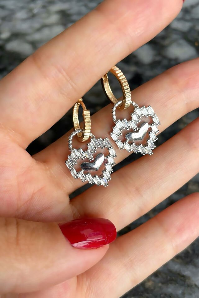 Çift Renkli Kalpli Gümüş Küpe