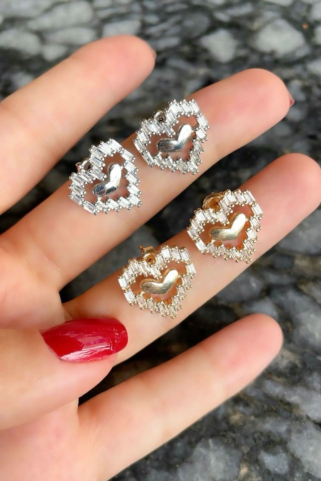 Çift Renkli Kalp Gümüş Küpe