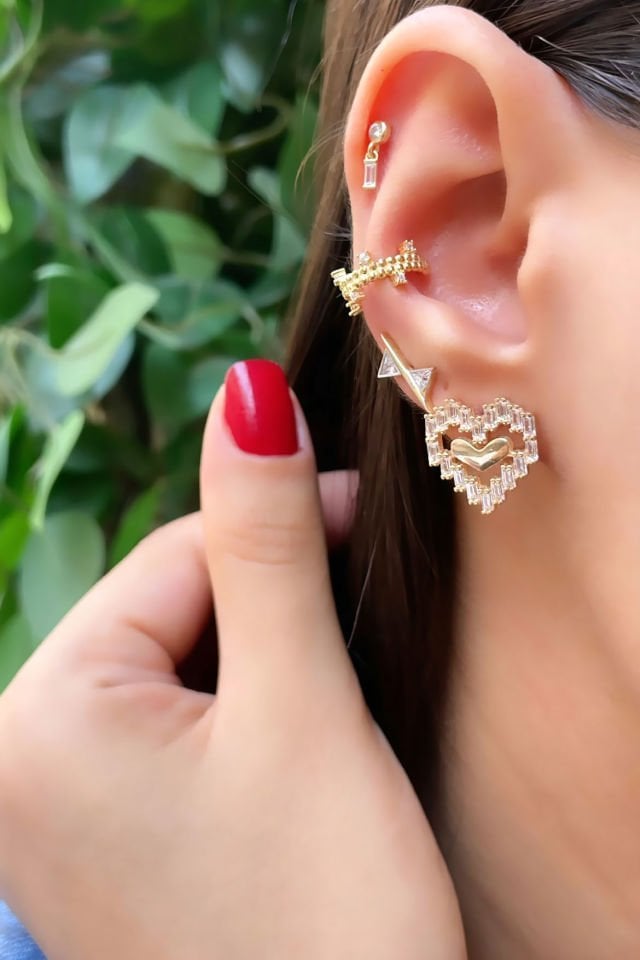 Çift Renkli Kalp Gümüş Küpe