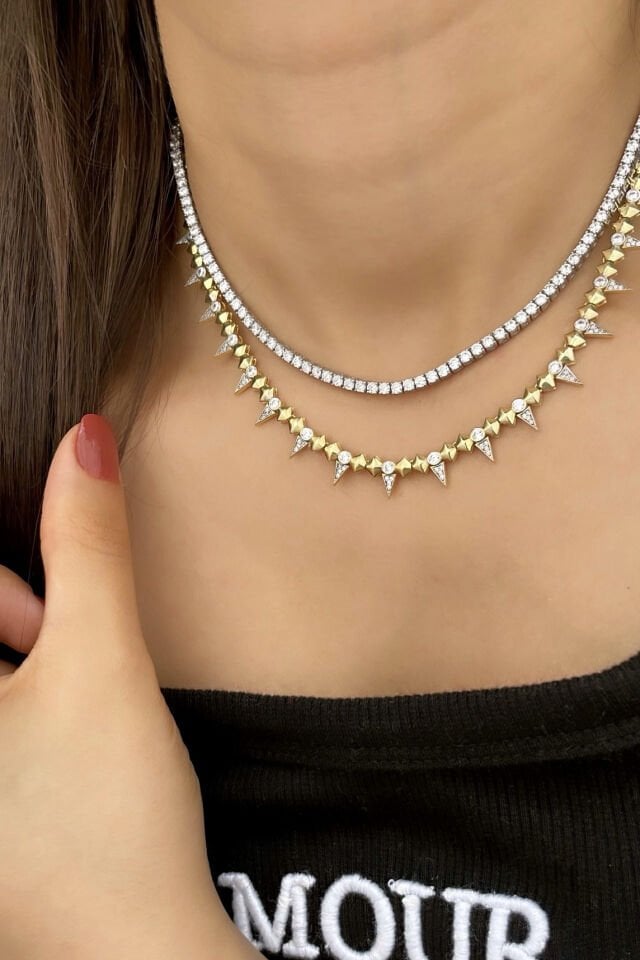 Dikenli Boncuk Zincirli Gümüş Kolye