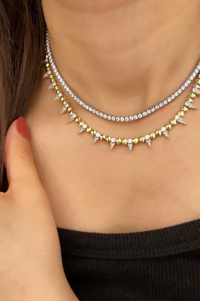 Dikenli Boncuk Zincirli Gümüş Kolye