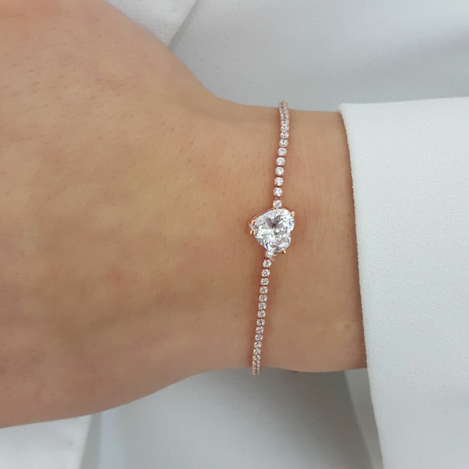 Taşlı Kalp Su Yolu Gümüş Bileklik