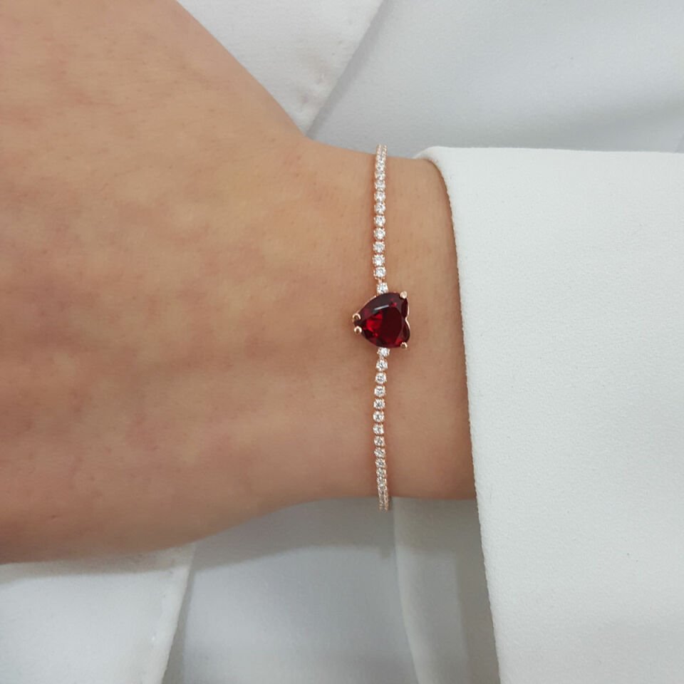 Taşlı Kalp Su Yolu Gümüş Bileklik