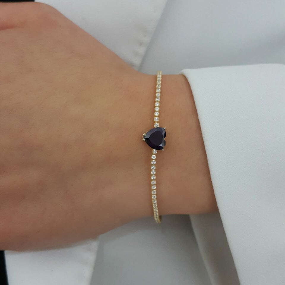 Taşlı Kalp Su Yolu Gümüş Bileklik