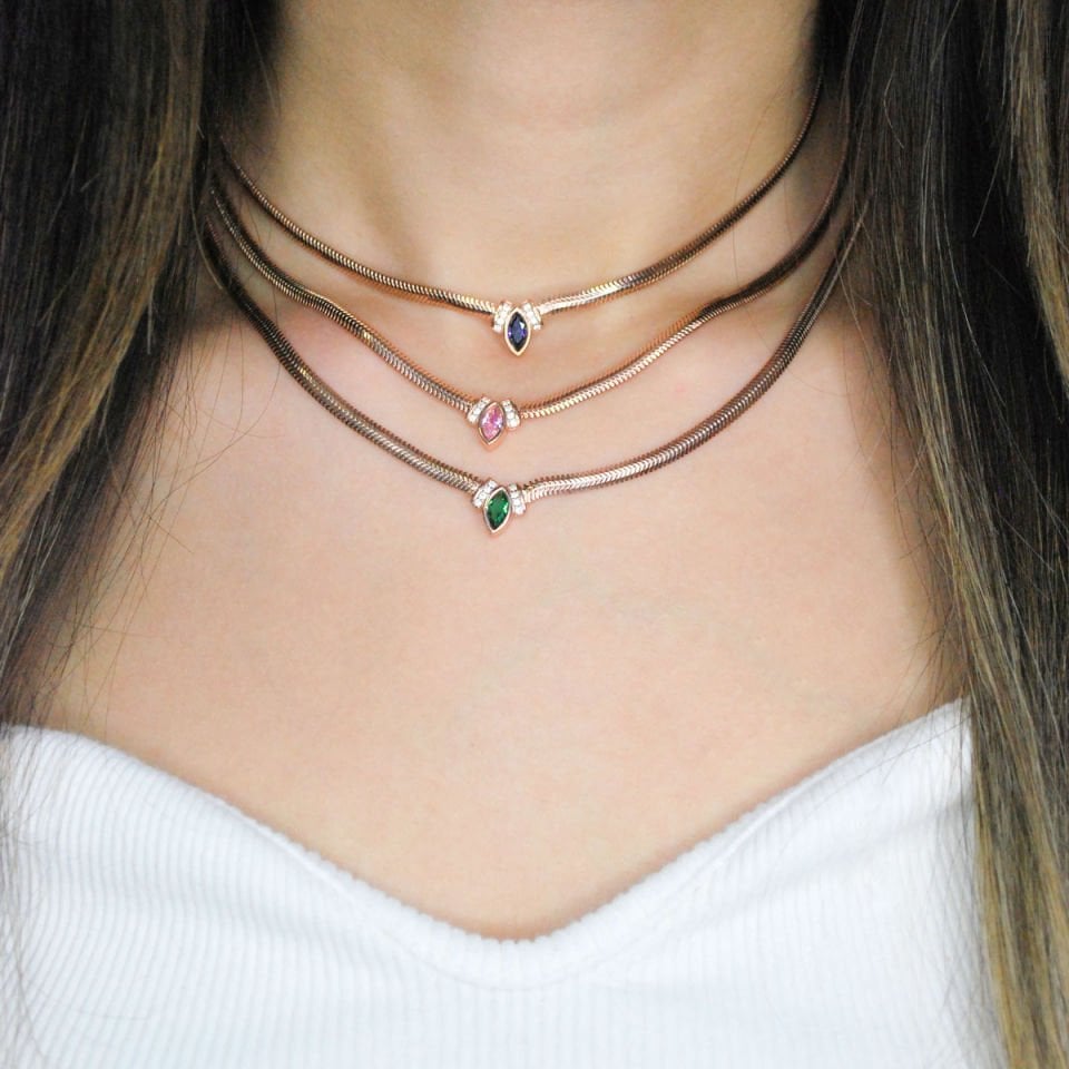 Mekik Taşlı Yassı Zincir Gümüş Kolye