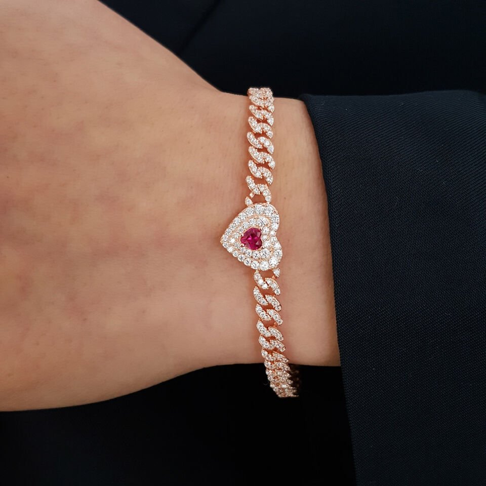 Taşlı Kalp Gurmet Su Yolu Gümüş Bileklik